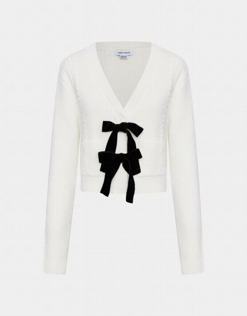White Urban Revivo Bow Tie Decor V-Neck Knitted Women\'s Cardigan | 65340DSCM
