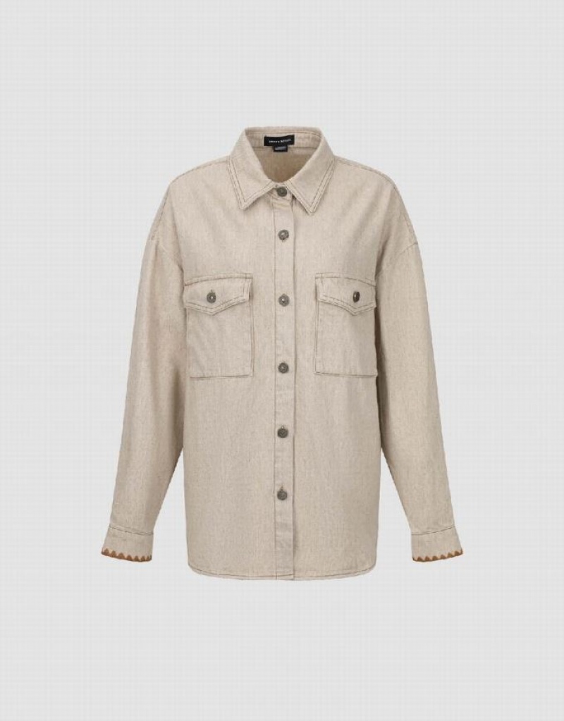 White Urban Revivo Button Up Oversized Denim Women's Shirts | 30296RVBF
