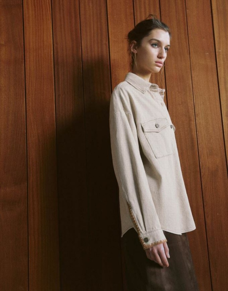 White Urban Revivo Button Up Oversized Denim Women's Shirts | 30296RVBF