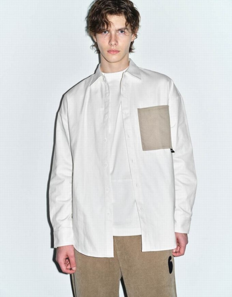 White Urban Revivo Button Up Oversized Men's Shirts | 94751NWBE