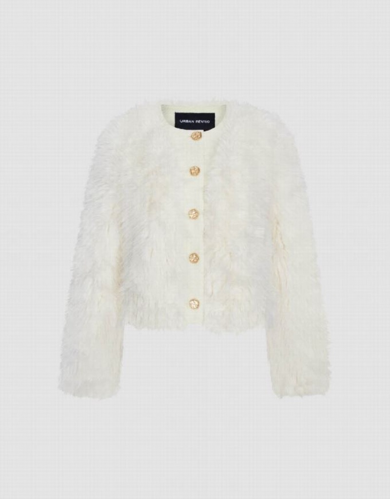 White Urban Revivo Button Up Straight Furry Women's Coats | 56902AMDW
