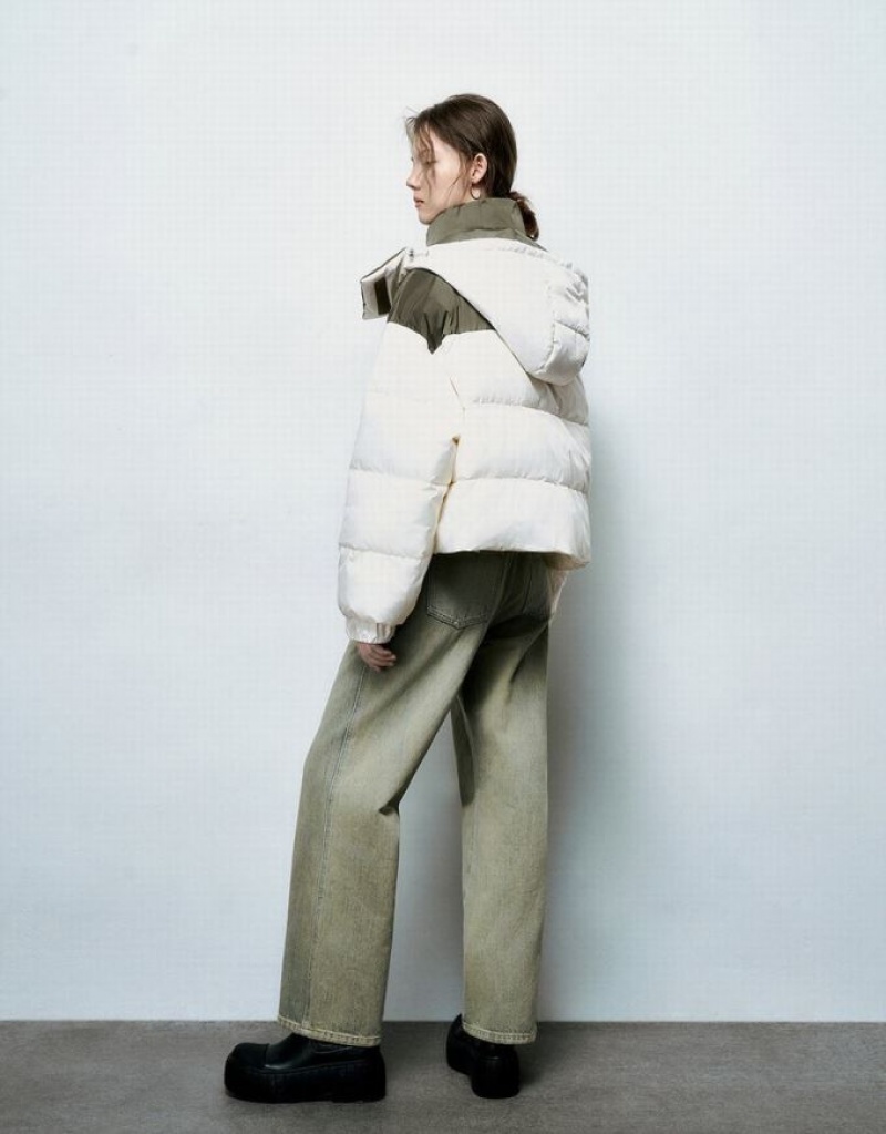 White Urban Revivo Colorblocks Hooded Padded Women's Coats | 49520BKQV