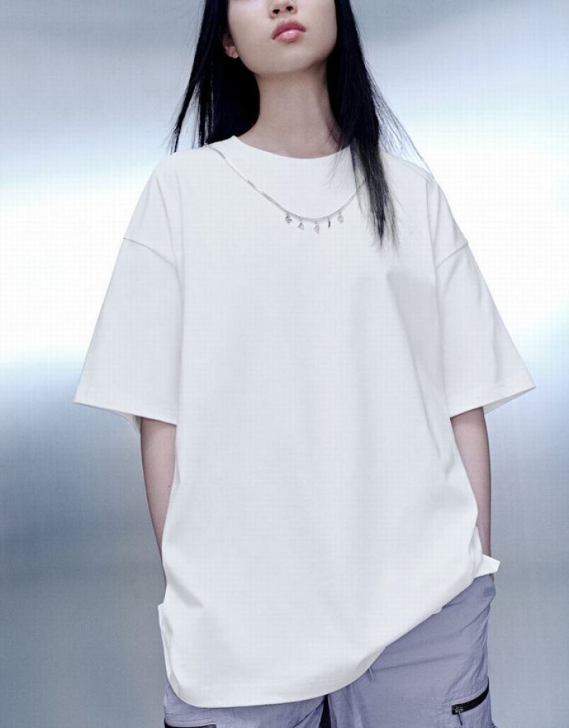 White Urban Revivo Necklace Decor Crew Neck Loose Women's T-Shirts | 43159NYLR
