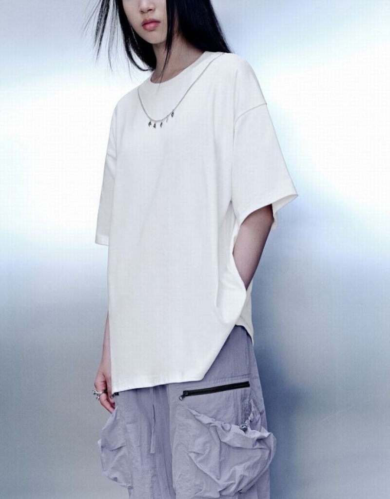 White Urban Revivo Necklace Decor Crew Neck Loose Women's T-Shirts | 43159NYLR