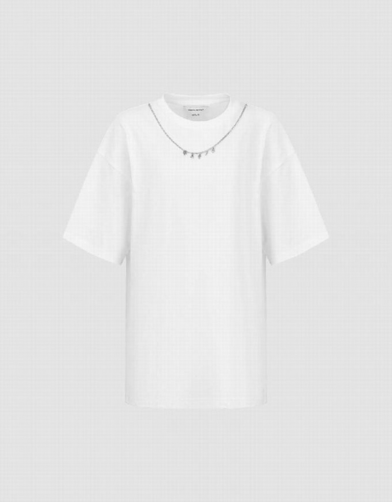 White Urban Revivo Necklace Decor Crew Neck Loose Women\'s T-Shirts | 43159NYLR