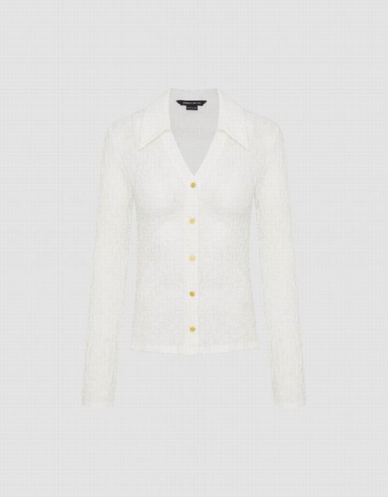 White Urban Revivo V-Neck Knitted Skinny Women's T-Shirts | 23615LMAF